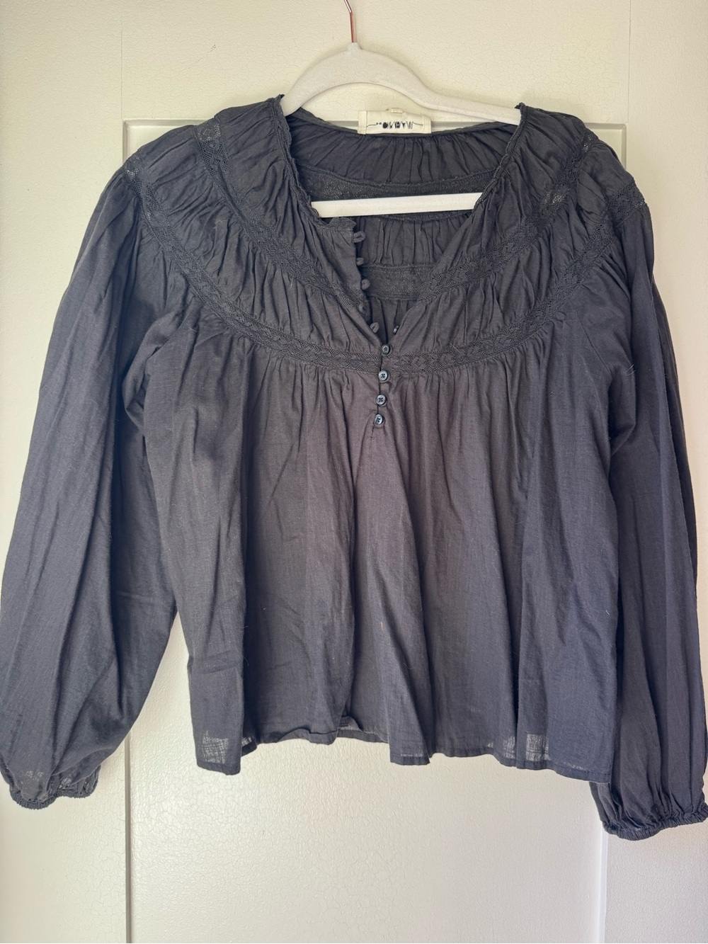 THE GREAT. Black Gathered Peasant Blouse